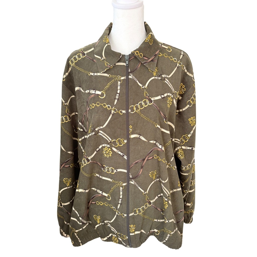 Vintage Equestrian Chain Print Bomber Jacket Olive Green Gold Full Zip 24x26‎